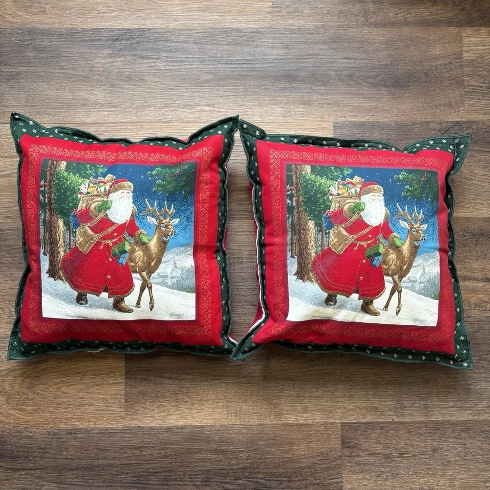 Handmade Old World Father Christmas Pillows, 14" X 14" Lot Of 2 Holiday Winter